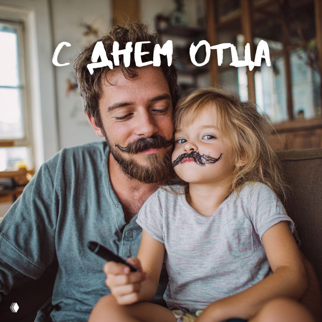 Фотография: отец и дочь улыбаются и вместе занимаются, мягкое освещение гостиной, тёплая семейная сцена с надписью «С Днём Отца».