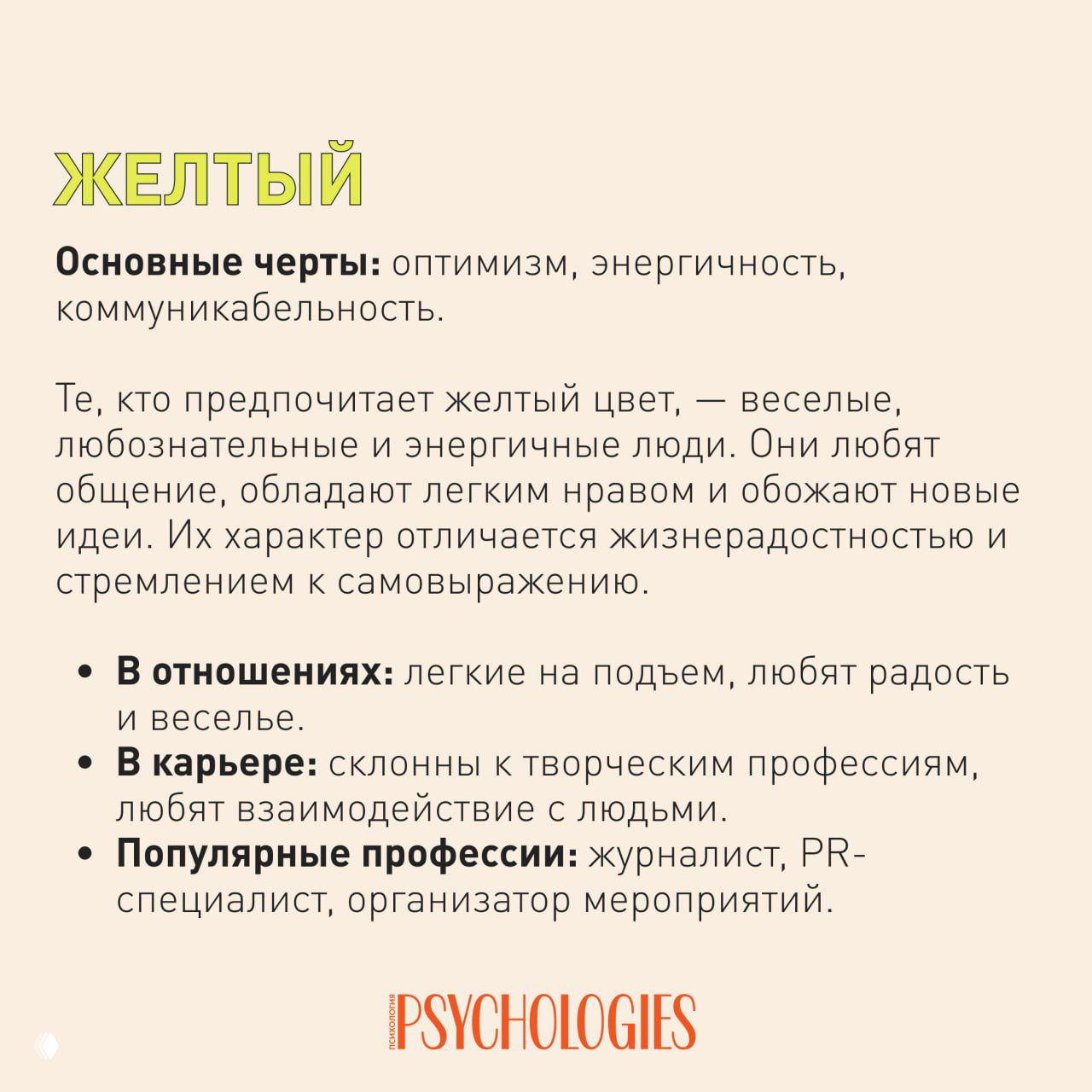 Слайд о жёлтом цвете: заголовок «Жёлтый», описание оптимизма, общительности и энергичности, с примерами профессий и типов отношений.