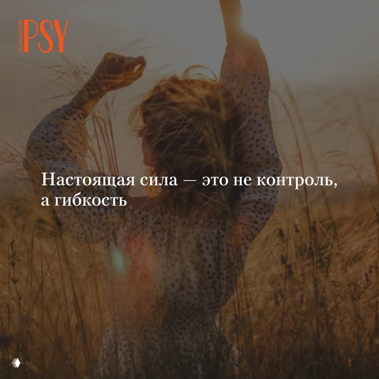 Женщина в поле колосьев на закате, поднявшая руки к небу; тихая сцена, иллюстрирующая идею психологической гибкости и отпущения контроля.