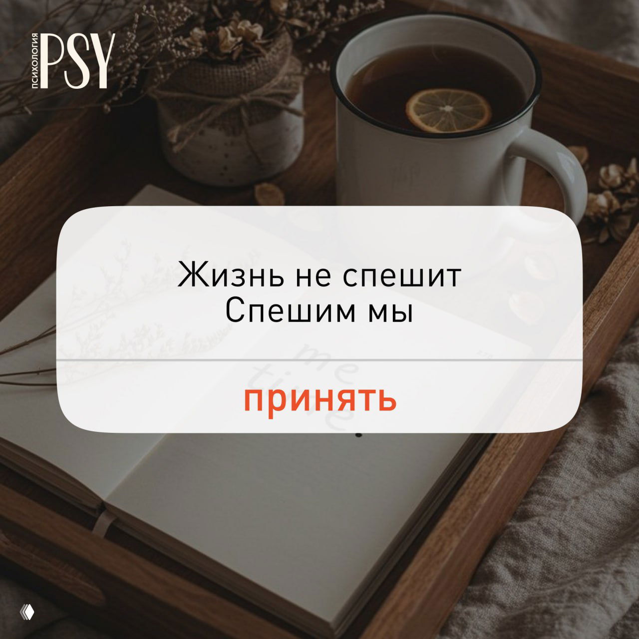 Чашка тёплого чая с долькой лимона на деревянном подносе рядом с открытым блокнотом и сухоцветами в уютной комнате; наложен мотивационный текст про замедление и принятие.