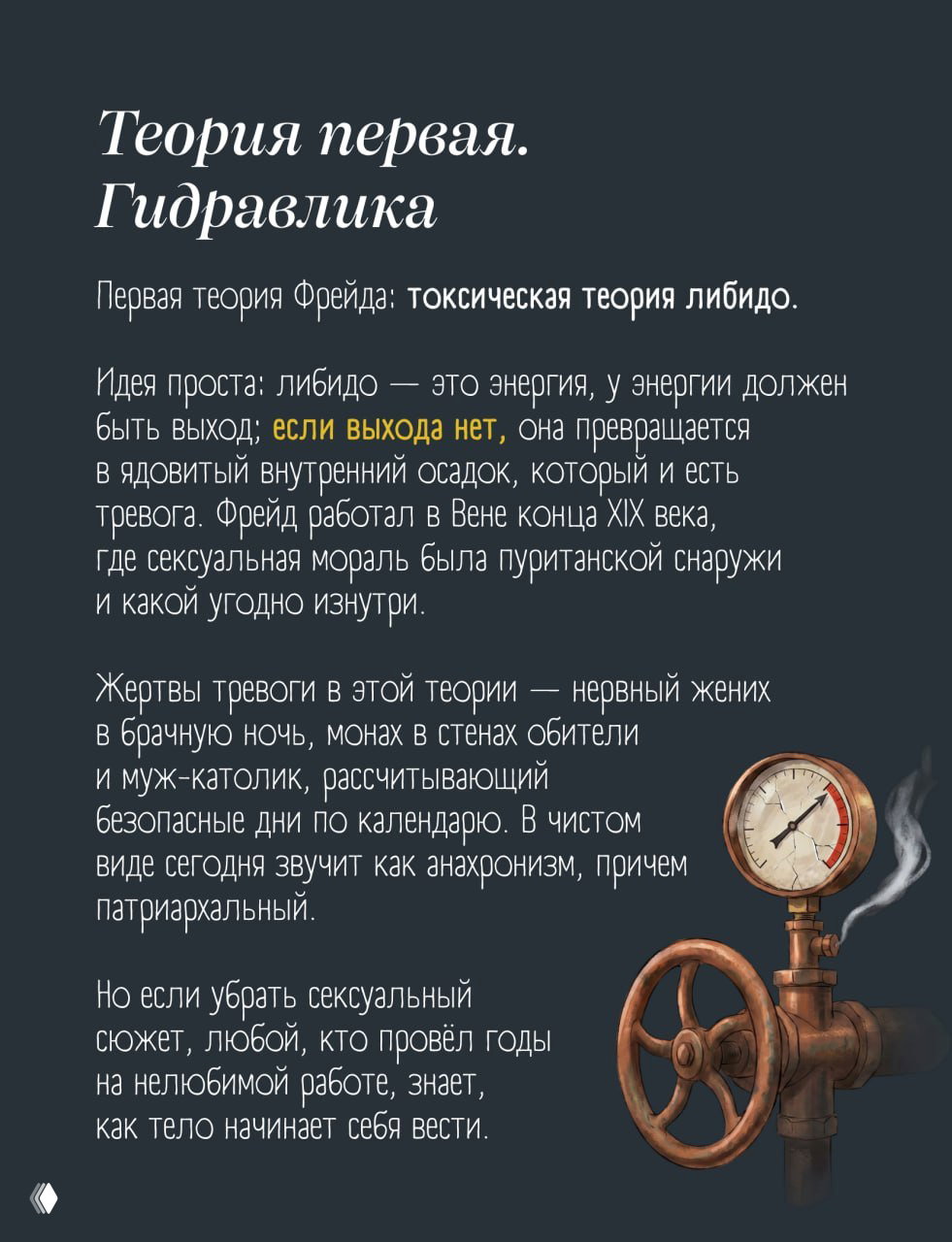 Дизайн‑страница с заголовком «Теория первая. Гидравлика», текстом о токсической теории либидо и изображением стилизованного клапана
