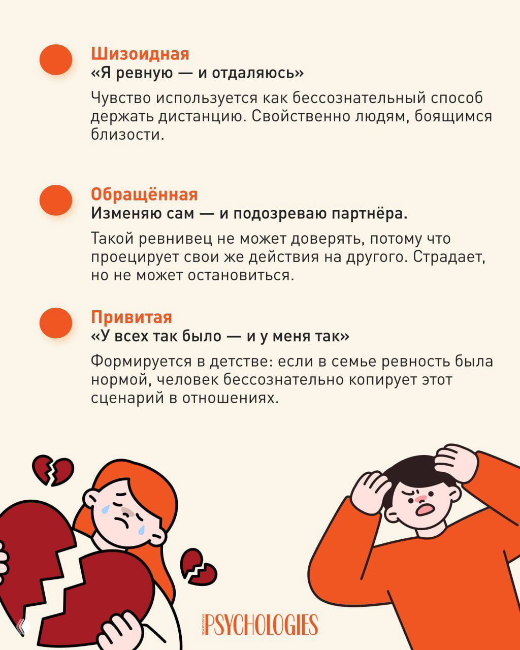 Инфографика продолжение: описаны шизоидная, обращённая и привитая ревность и сопровождающие иллюстрации эмоциональной боли — человек с разбитым сердцем и напряжённый партнёр.