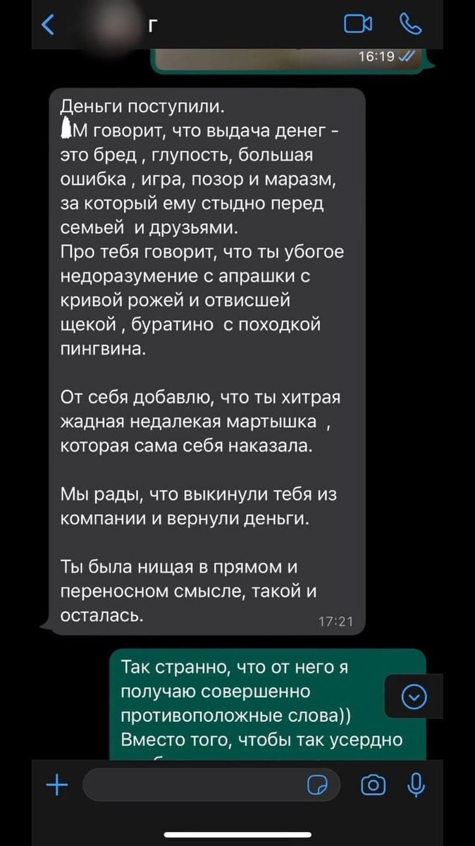 Скриншот длинного сообщения с оскорблениями в сторону героини и её ответом — эмоциональный фрагмент переписки.