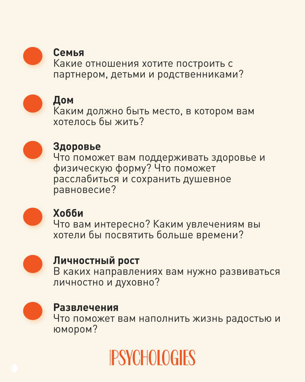 Продолжение инфографики Psychologies: семья, дом, здоровье, хобби, личностный рост и развлечения — подсказки для целей и действий.