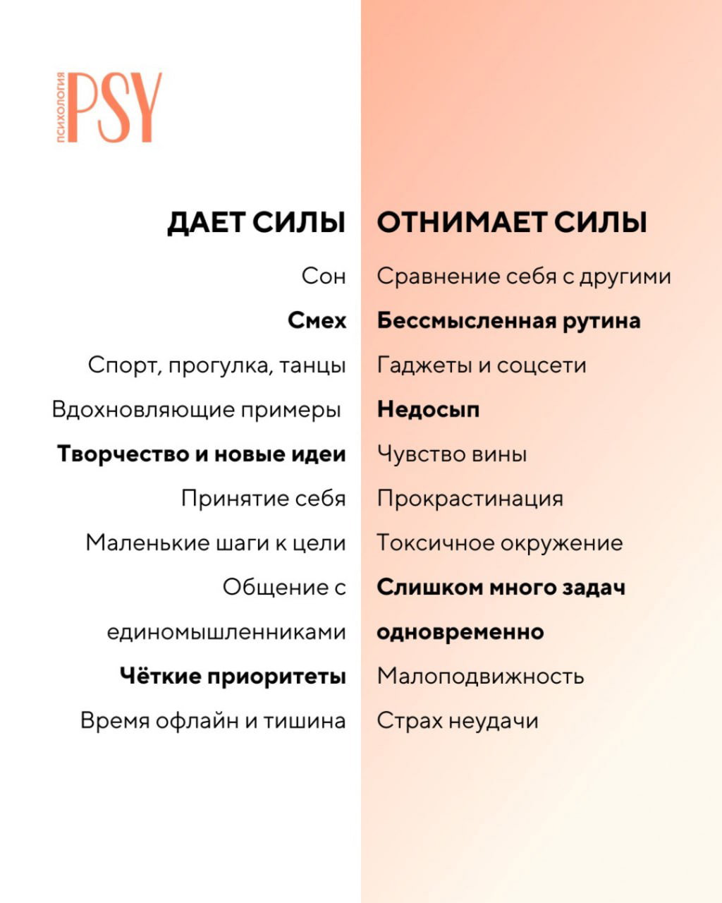 Что даёт силы и что их отнимает