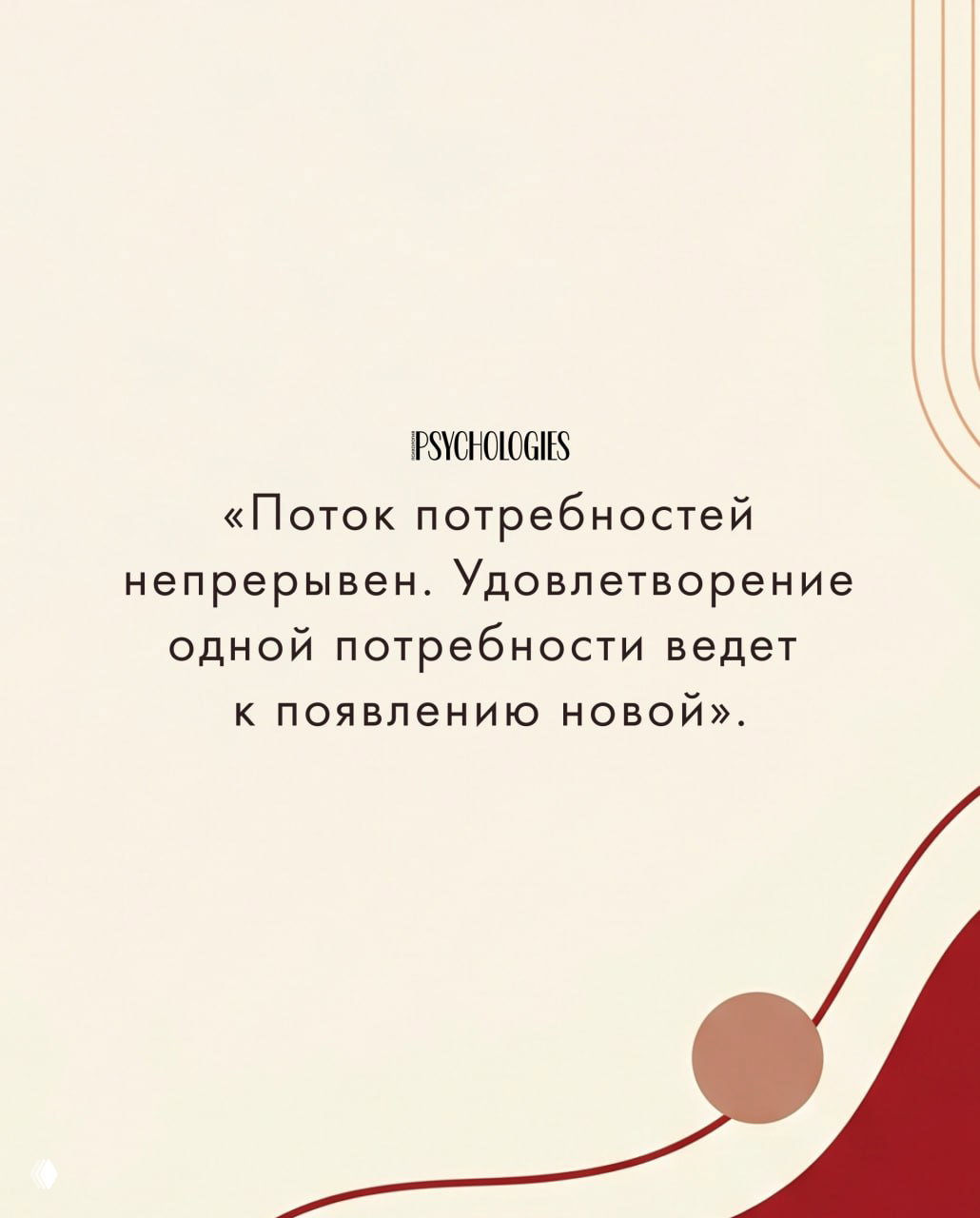 Постер-цитата Маслоу о непрерывном потоке потребностей: удовлетворение одной потребности порождает новую; абстрактный фон и мягкие цвета.