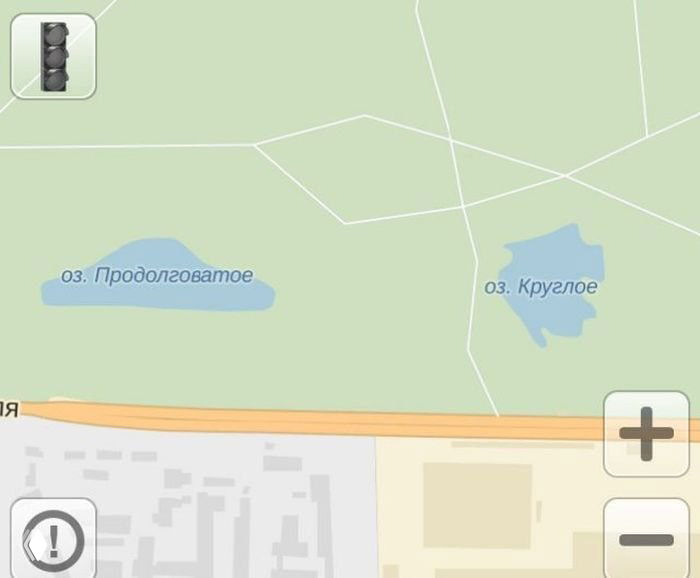 Скриншот карты со сменой масштаба: дорога и два озера, отмеченные как «оз. Продолжательное» и «оз. Круглое», элементы интерфейса навигации.