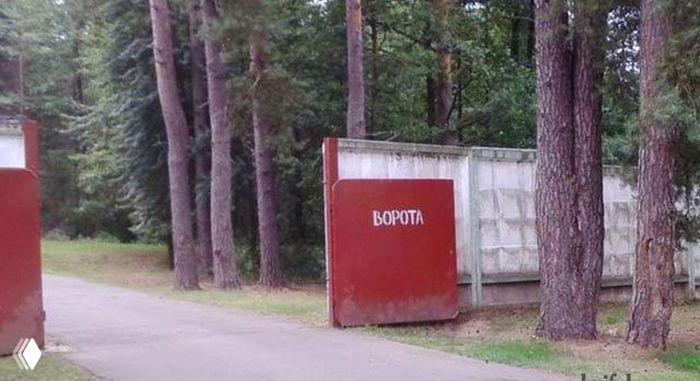 Фотография ворот или металлической коробки на фоне соснового леса и тротуара с крупной надписью «ВОРОТА», спокойная уличная сцена.