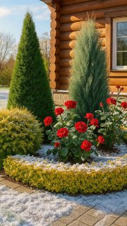 Цветник у деревянного дома: сочетание хвойных кустов и туй с ярко‑красными розами на фоне легкого снега и бревенчатой стены, пример оформления участка.