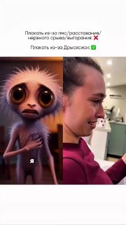 Мем: слева — вымышленный грустный пришелец Дрысясися с большими глазами, справа — человек, плачущий и реагирующий эмоционально.