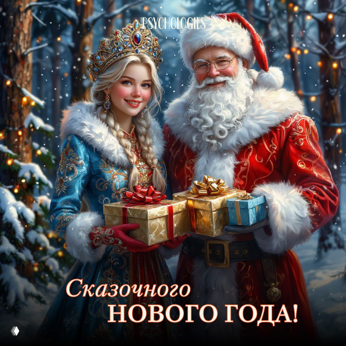 Иллюстрация Деда Мороза и Снегурочки в праздничных нарядах, улыбающиеся и держащие подарки на фоне заснеженного леса и ёлок.