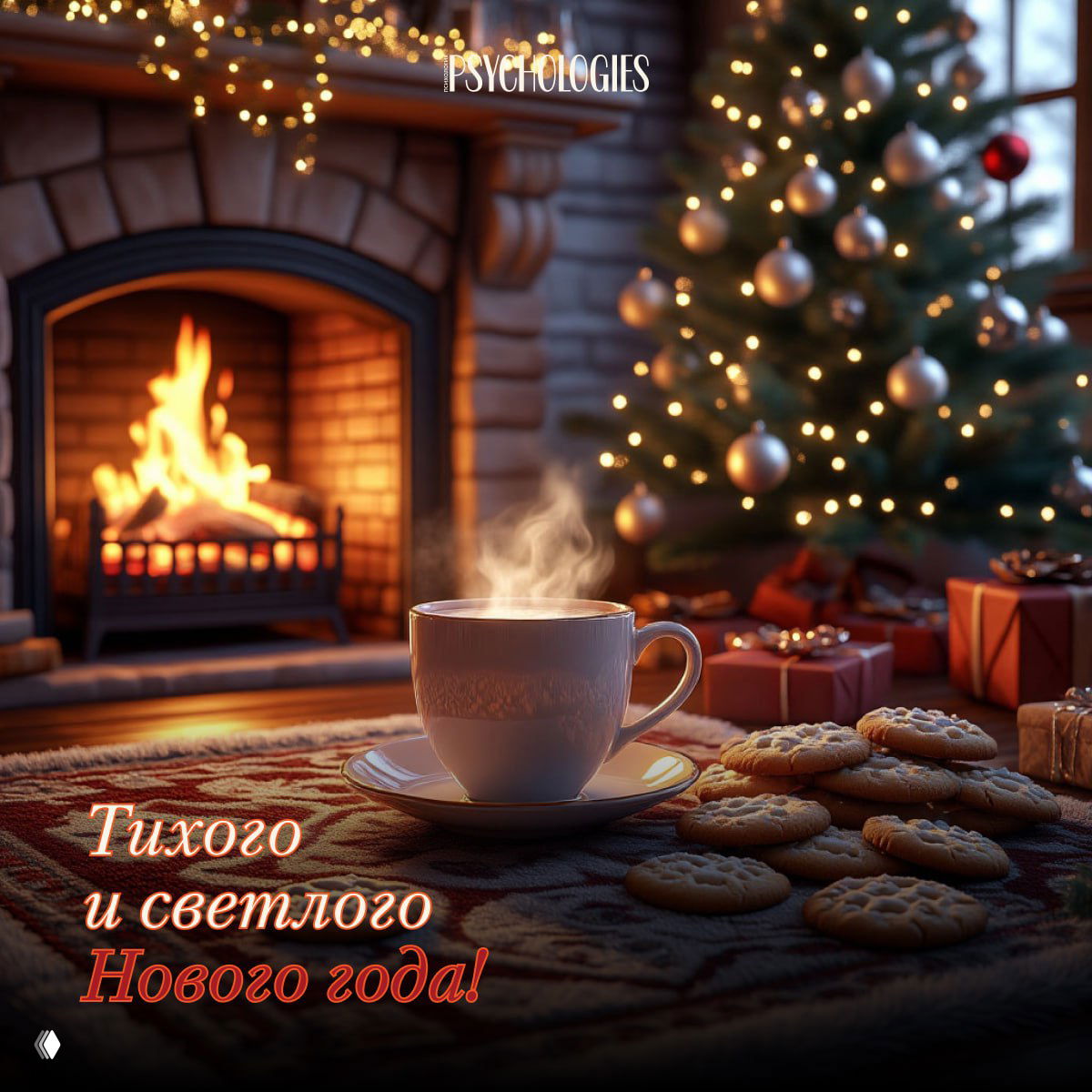 Кружка горячего напитка, печенье и камин на фоне рождественской ёлки — спокойная и светлая праздничная композиция для новогодней открытки.