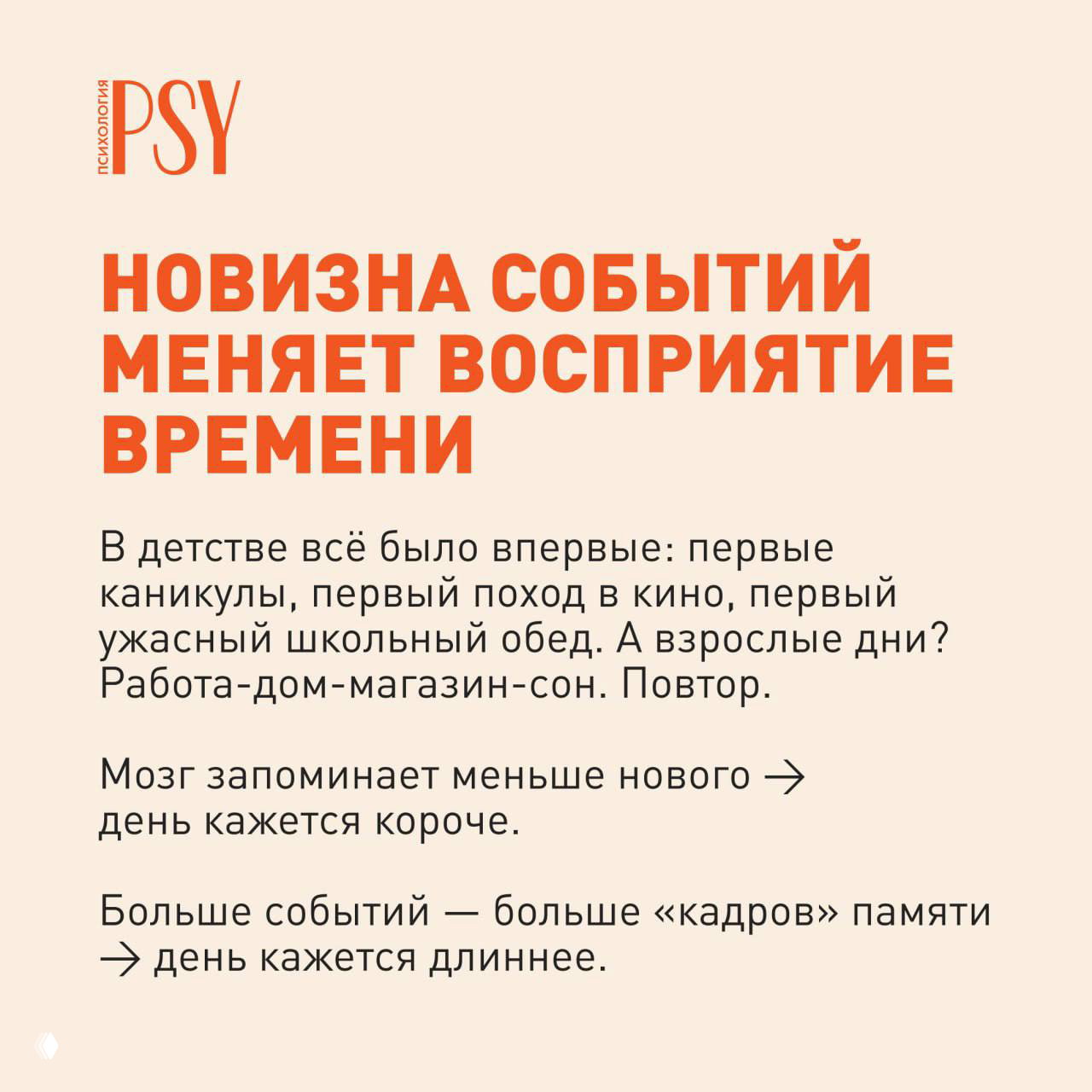 Инфографика на бежевом фоне: слайд о том, как новизна событий меняет восприятие времени; крупный оранжевый заголовок и поясняющий текст, логотип Psy.