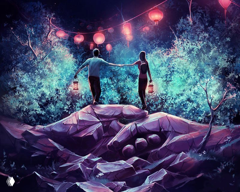 Ночная цифровая сцена с парой, держащейся за руки и несущей фонарики среди светящихся деревьев — романтичная и успокаивающая композиция.