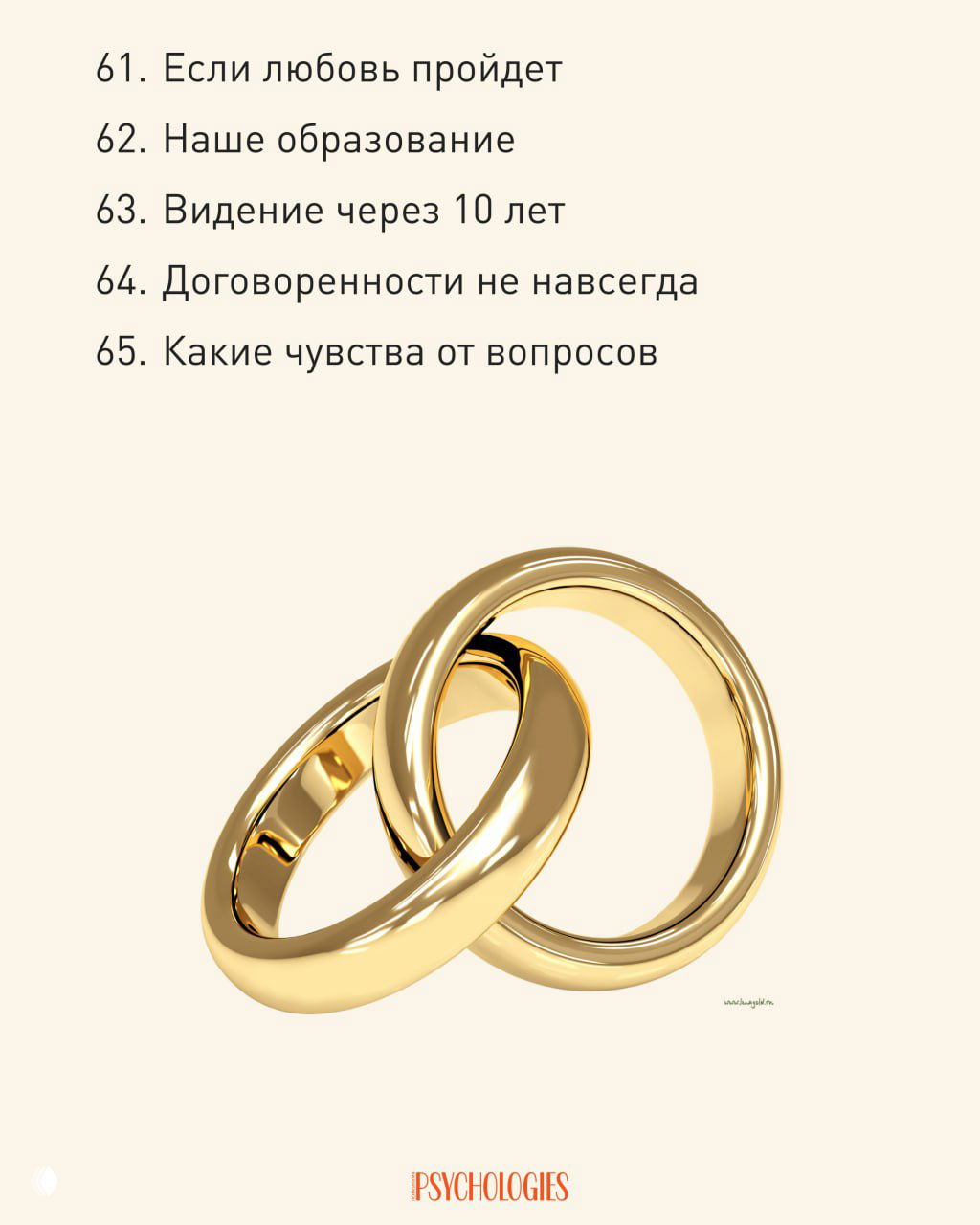 Последние пункты чек-листа (61–65) с вопросами о будущем, образовании и чувствах; на фоне — две золотые обручальные кольца.