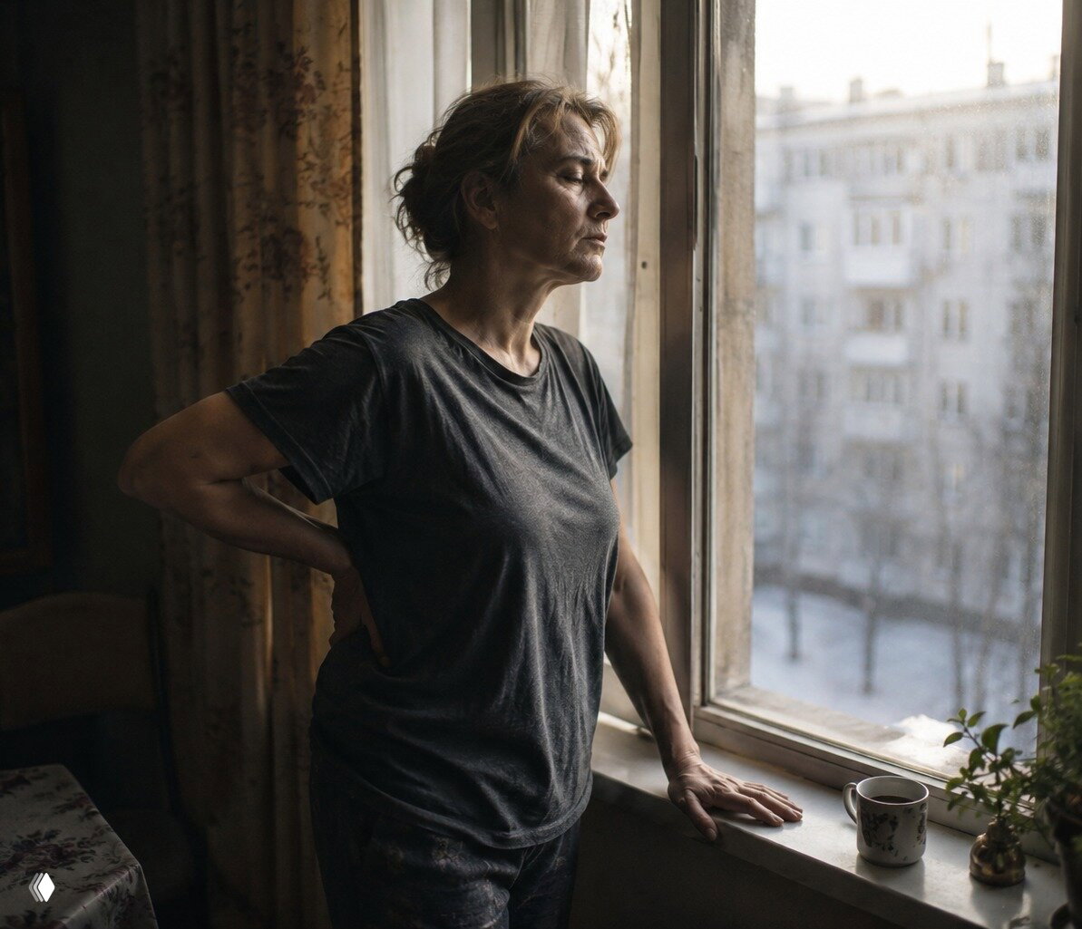 Женщина средних лет у окна в простой одежде, держит руку на пояснице, видна усталость и напряжение в позе и лице.