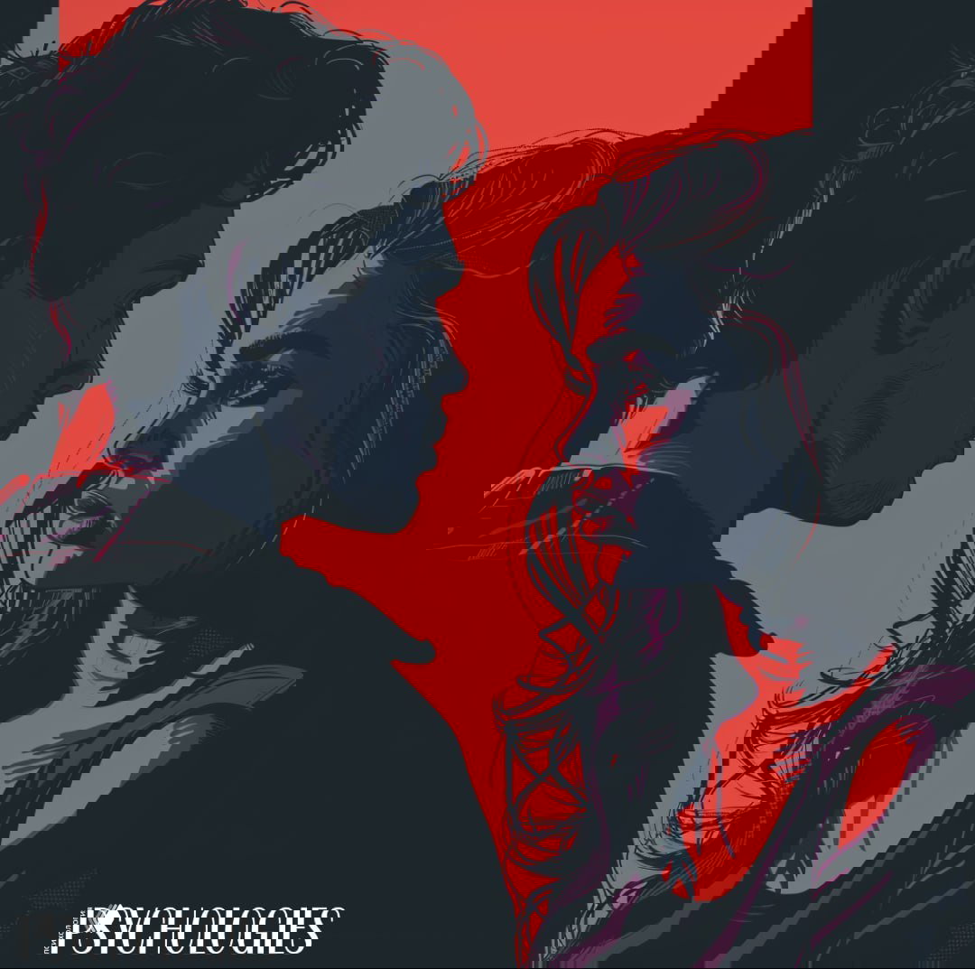 Иллюстрация: стилизованный контрастный портрет мужчины и женщины, обращённых друг к другу на красном фоне, передаёт напряжённую эмоциональную близость.