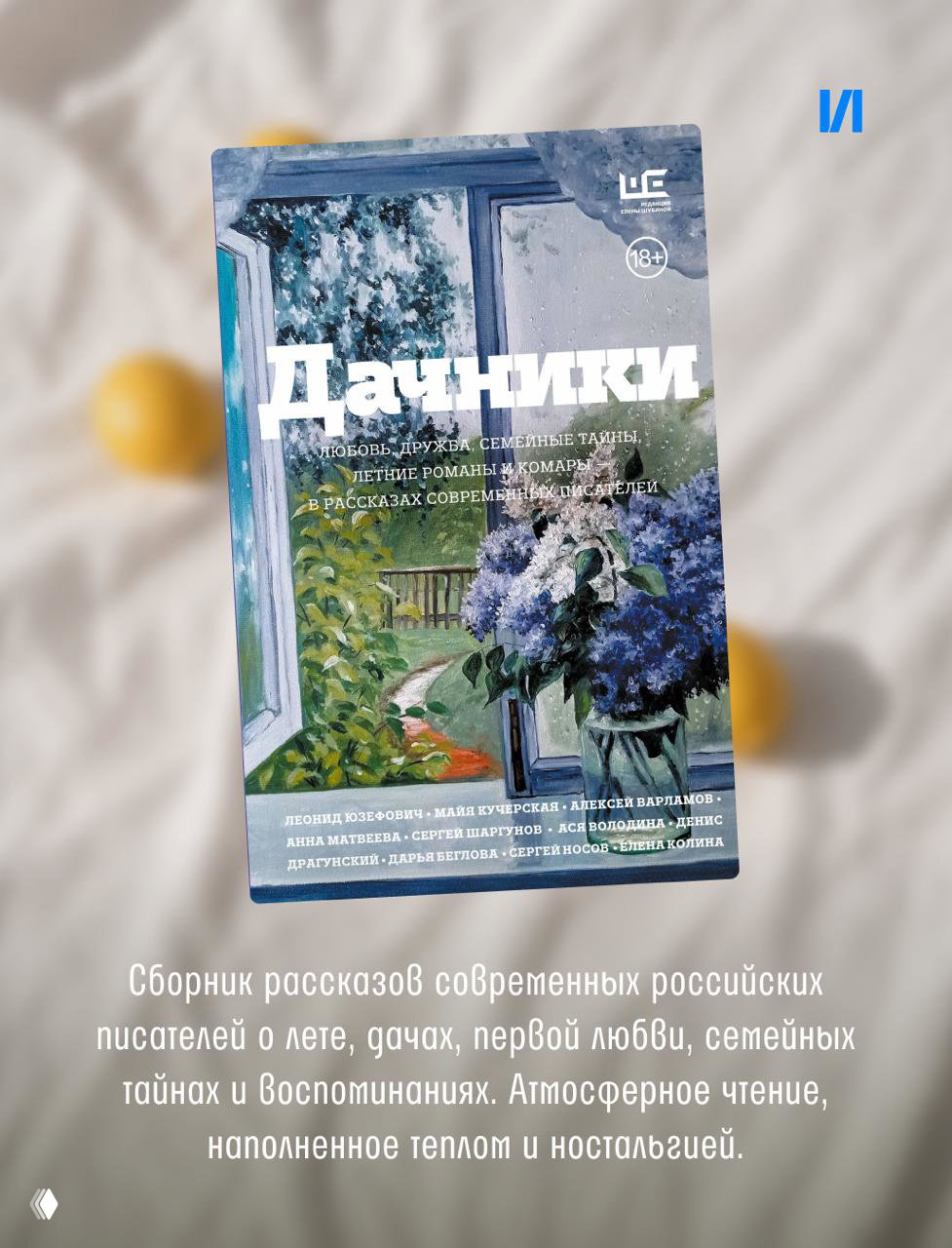 Обложка сборника рассказов «Дачники» с живописной иллюстрацией в пастельных тонах; атмосферное летнее чтение российских авторов.