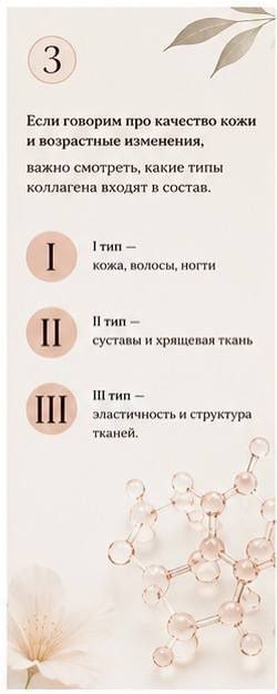 Инфографика о типах коллагена: разделение на типы для кожи, волос и суставов с номерами и декоративными элементами на пастельном фоне.