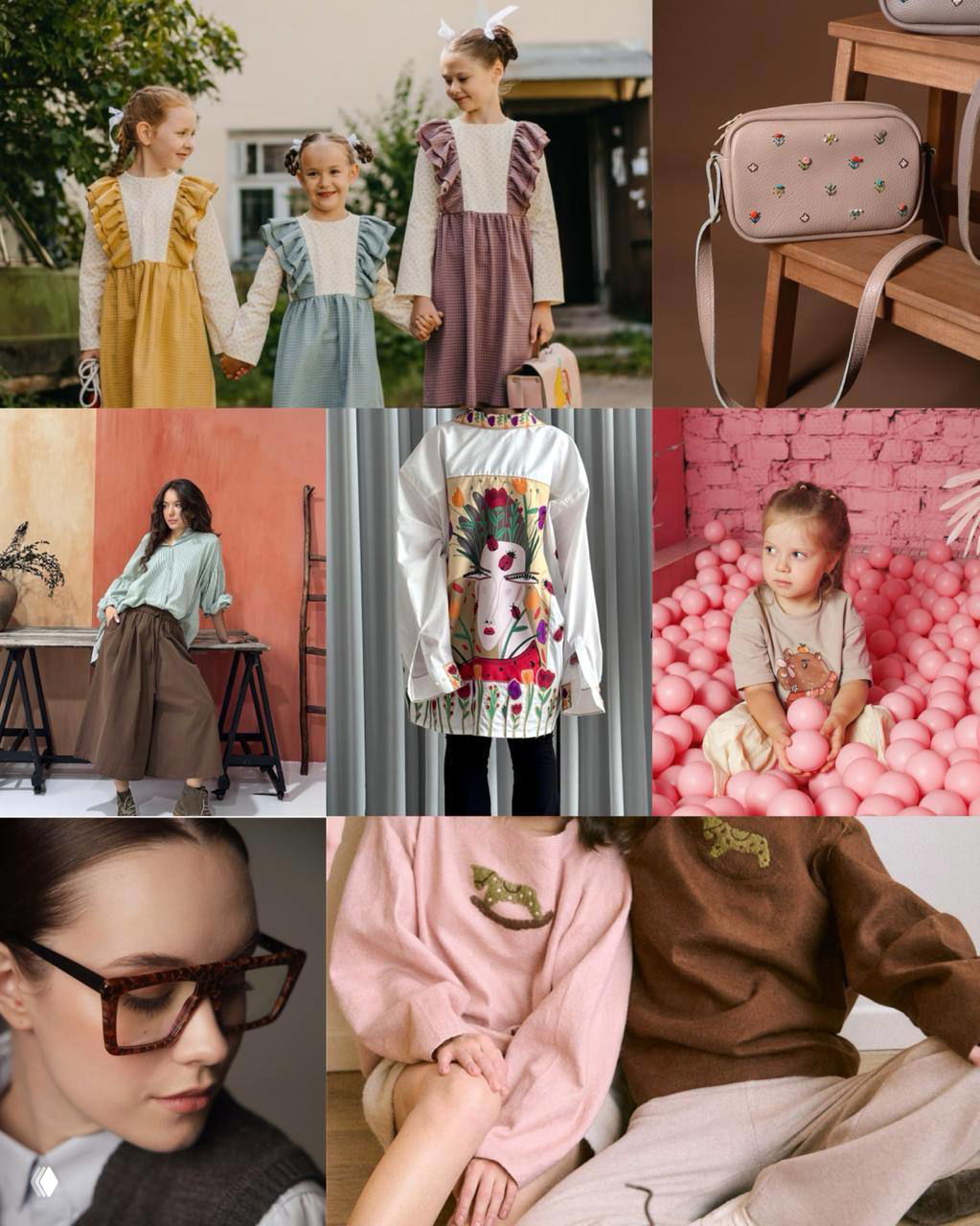 Коллаж фотографий товаров и людей: детская одежда, аксессуары и образцы изделий, создающие атмосферу локального маркета и дизайна.