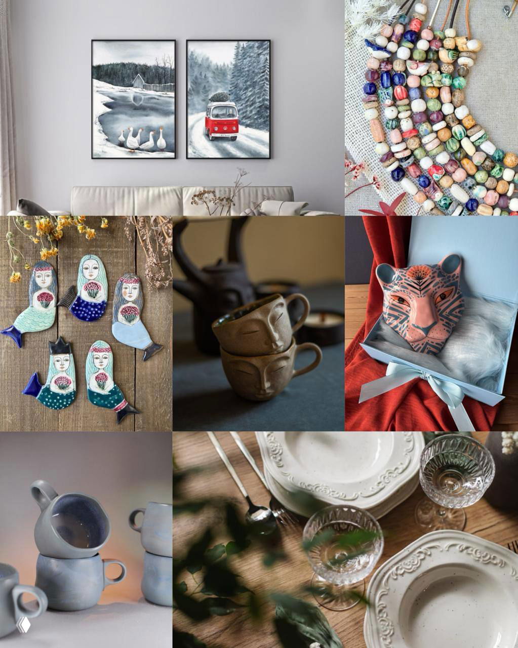 Коллаж рукодельных игрушек, керамики и декоративных объектов: авторские изделия и игрушки ручной работы на выставке-продаже.