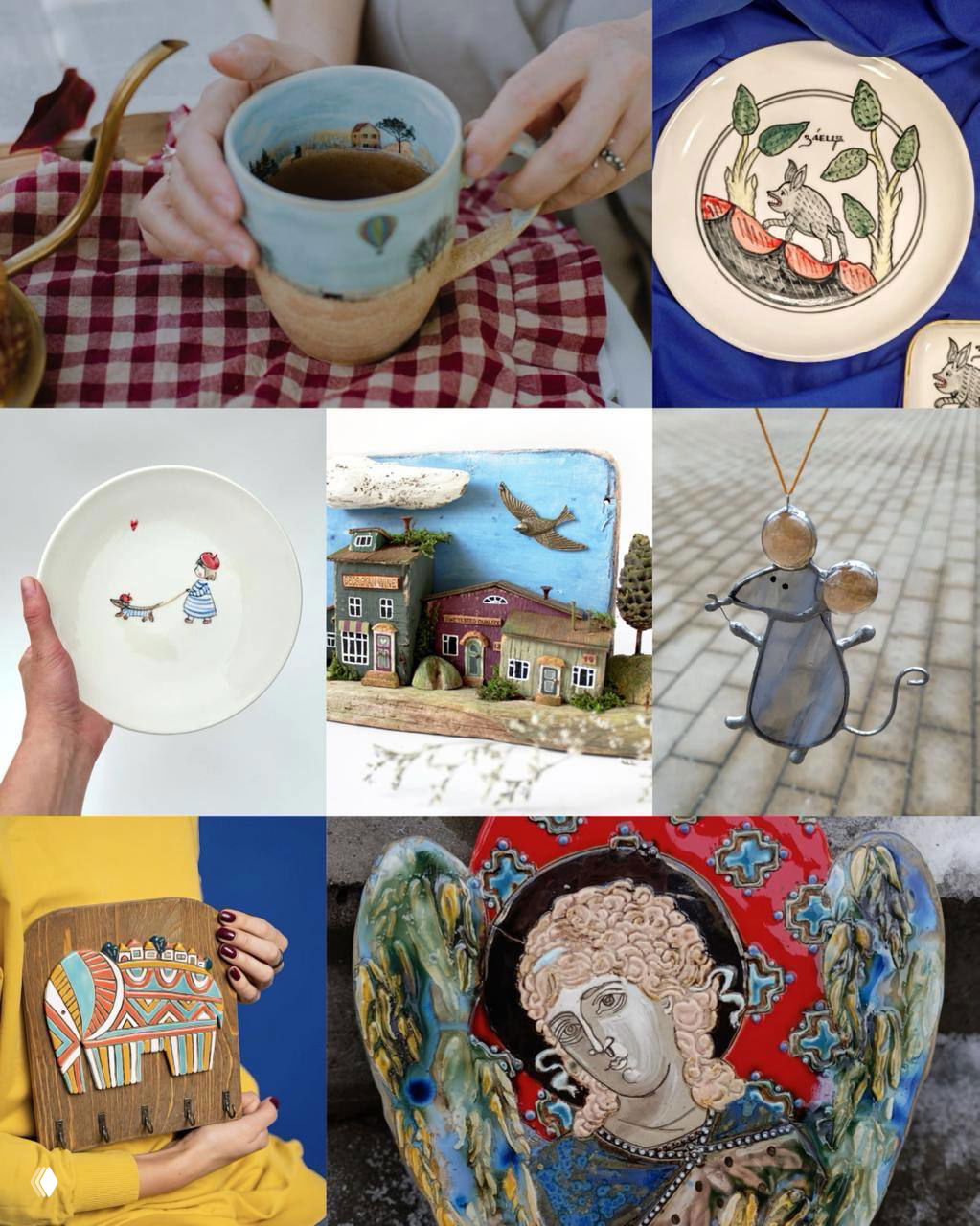 Коллаж предметов интерьера и керамики: картины, глиняная посуда и декоративные элементы в стиле маркет-подбора для дома.