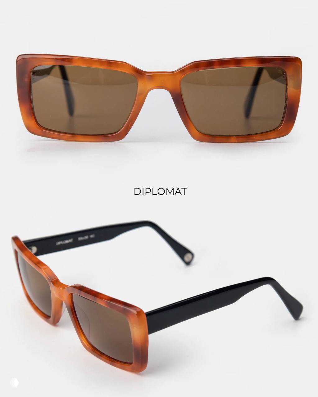 Крупный план модели «Diplomat»: прямоугольная коричневая ацетатная оправа в двух ракурсах, демонстрация линии и текстуры материала.