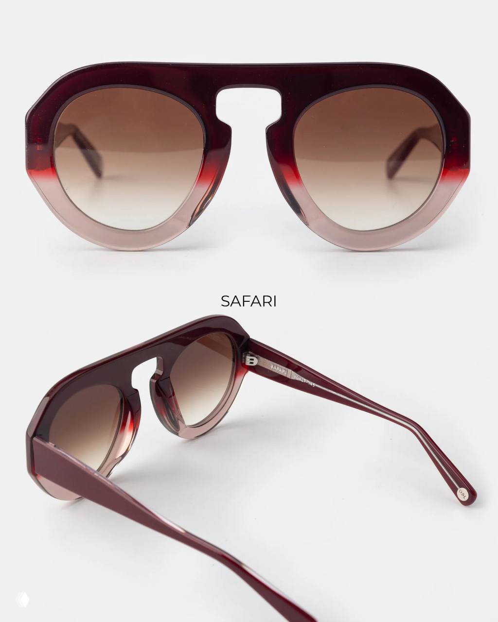 Модель «Safari»: крупный кадр круглой оптики с градиентными линзами и подчёркнутой верхней перемычкой на нейтральном студийном фоне.