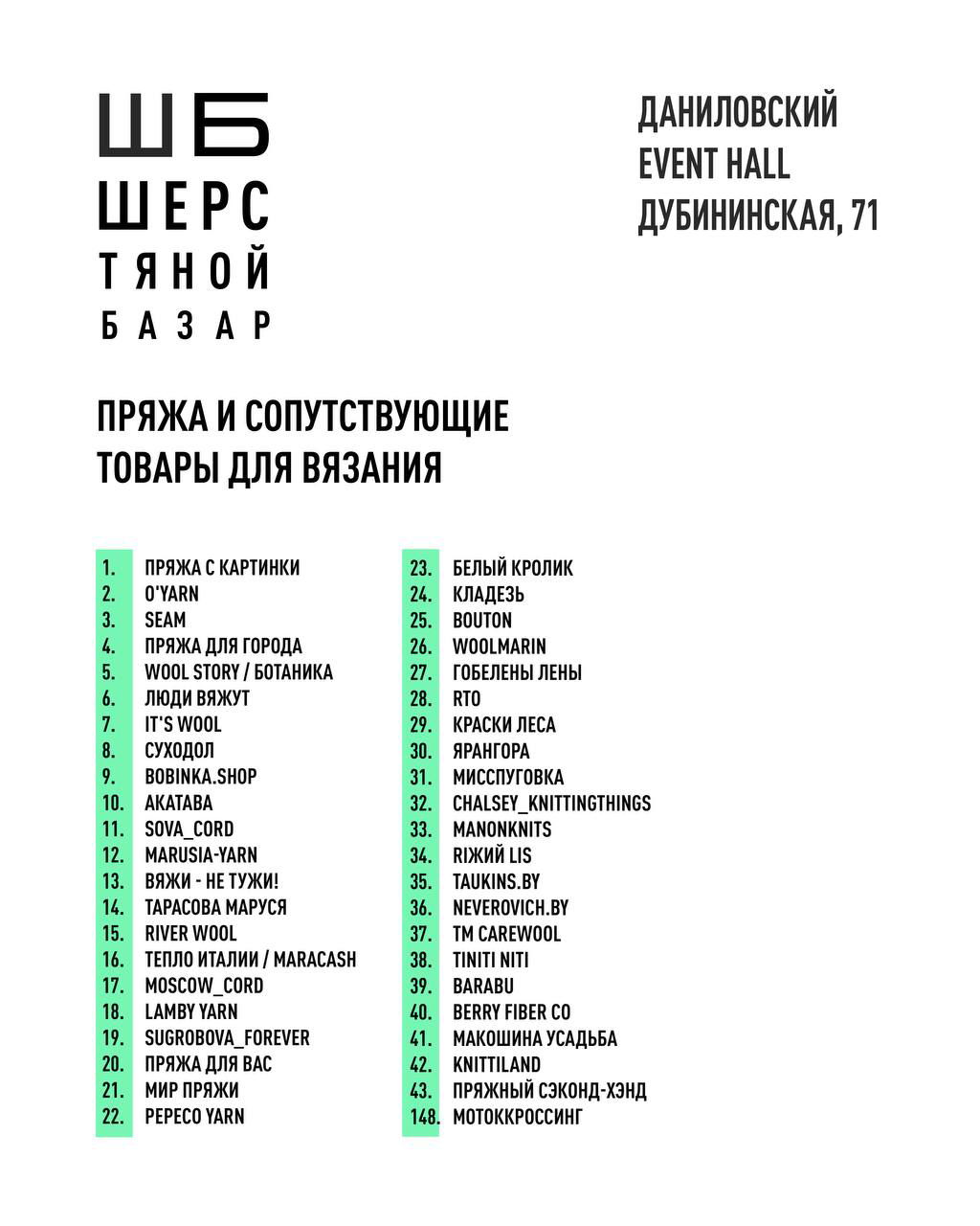 Страница с перечнем участников Шерстяного Базара: названия брендов и номера столов, колонка участников и адрес мероприятия Даниловский Event Hall, Дубининская 71.