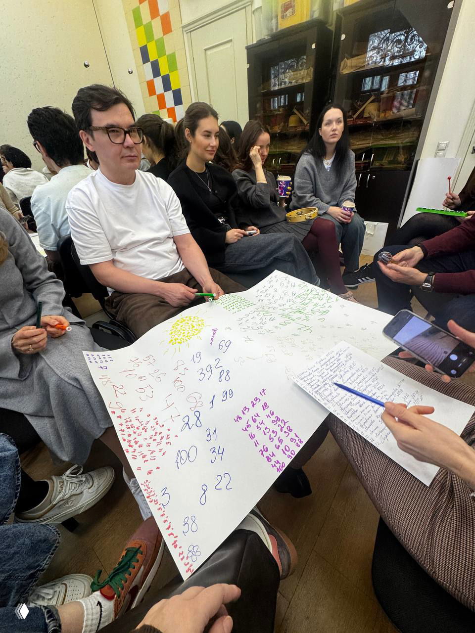 Группа участников в кругу на тренинге: большой лист с разноцветными отметками лежит на коленях, люди обсуждают, делают записи и держат смартфоны.