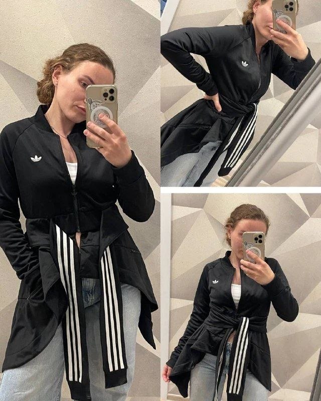 Коллаж с примеркой чёрного спортивного костюма Adidas: фотографии с разных ракурсов демонстрируют посадку и состояние вещи перед продажей или обменом.