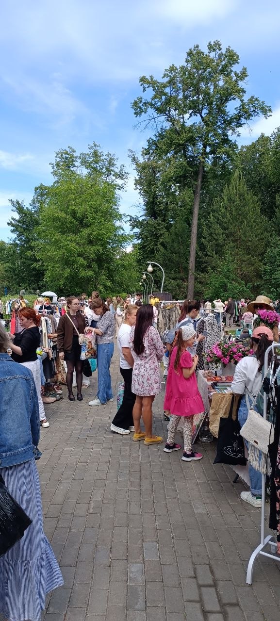 Общий план аллеи с многочисленными прилавками и посетителями фестиваля на дорожке в парке Сосновая роща — атмосфера мероприятия и очереди у своп-зон.