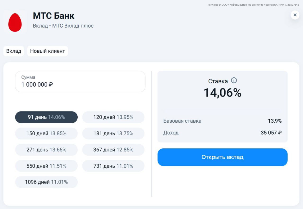14% на 91 день по вкладу МТС
