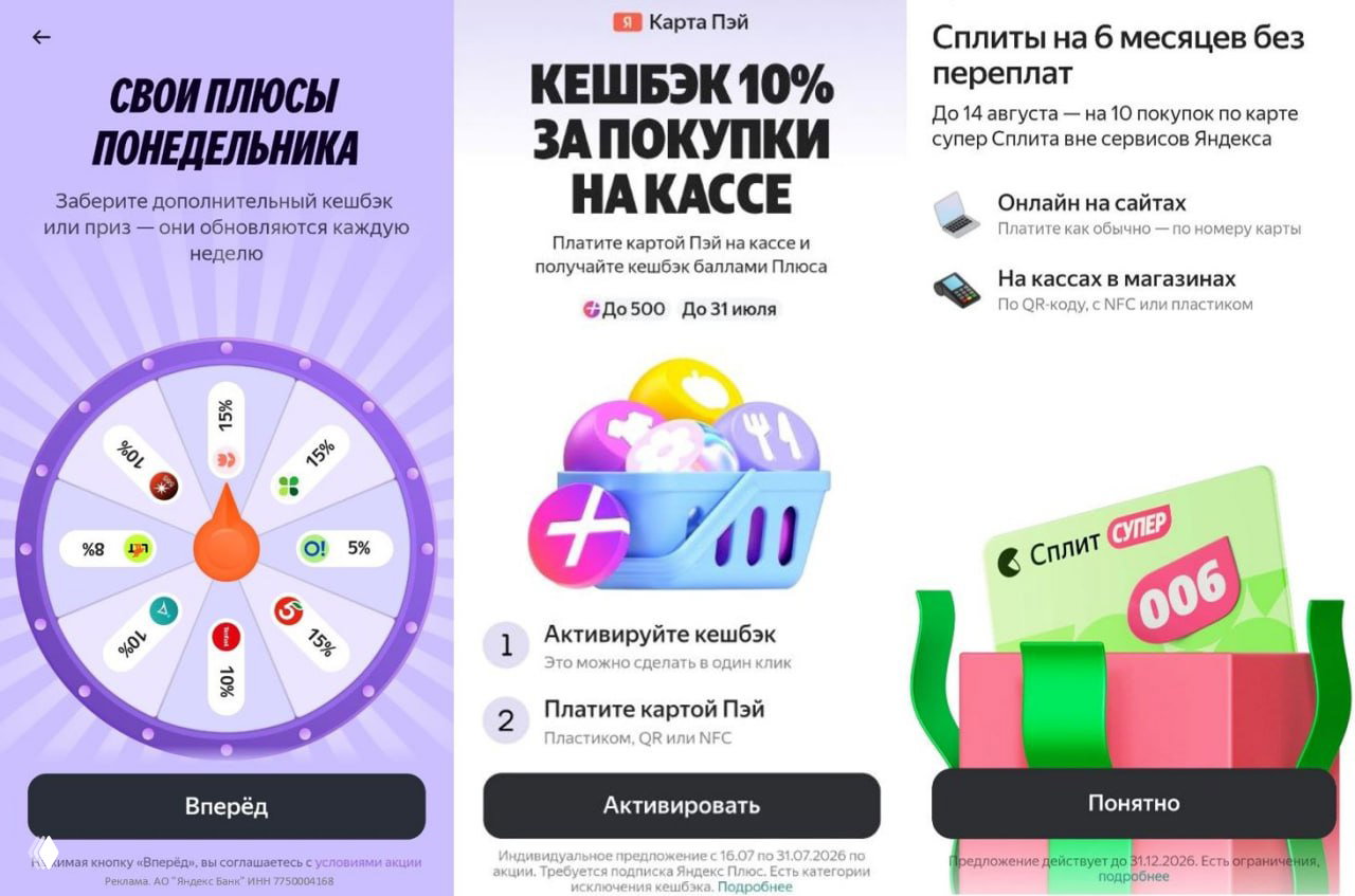 Промо-скриншоты Яндекс.Плюс: колесо барабана с секторами кэшбэка, баннер «Кэшбэк 10% за покупки на кассе» и карточка «Супер Сплит».