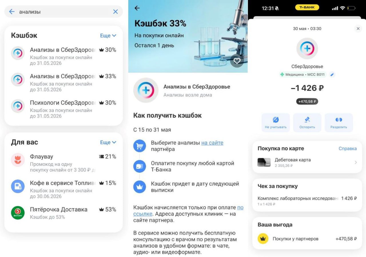 Кэшбэк Т‑Банк + промокод в СберЗдоровье