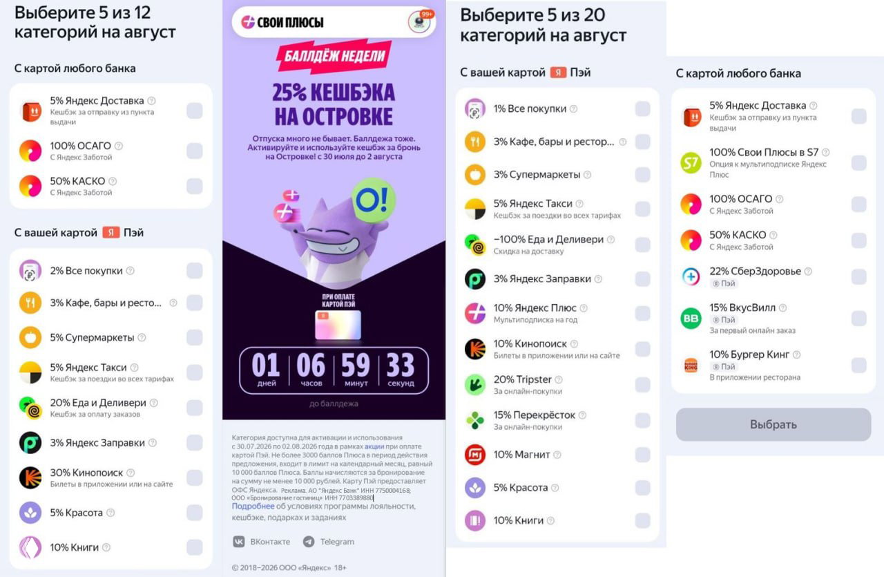 Яндекс: категории августа и кэшбэк 25% на Островке
