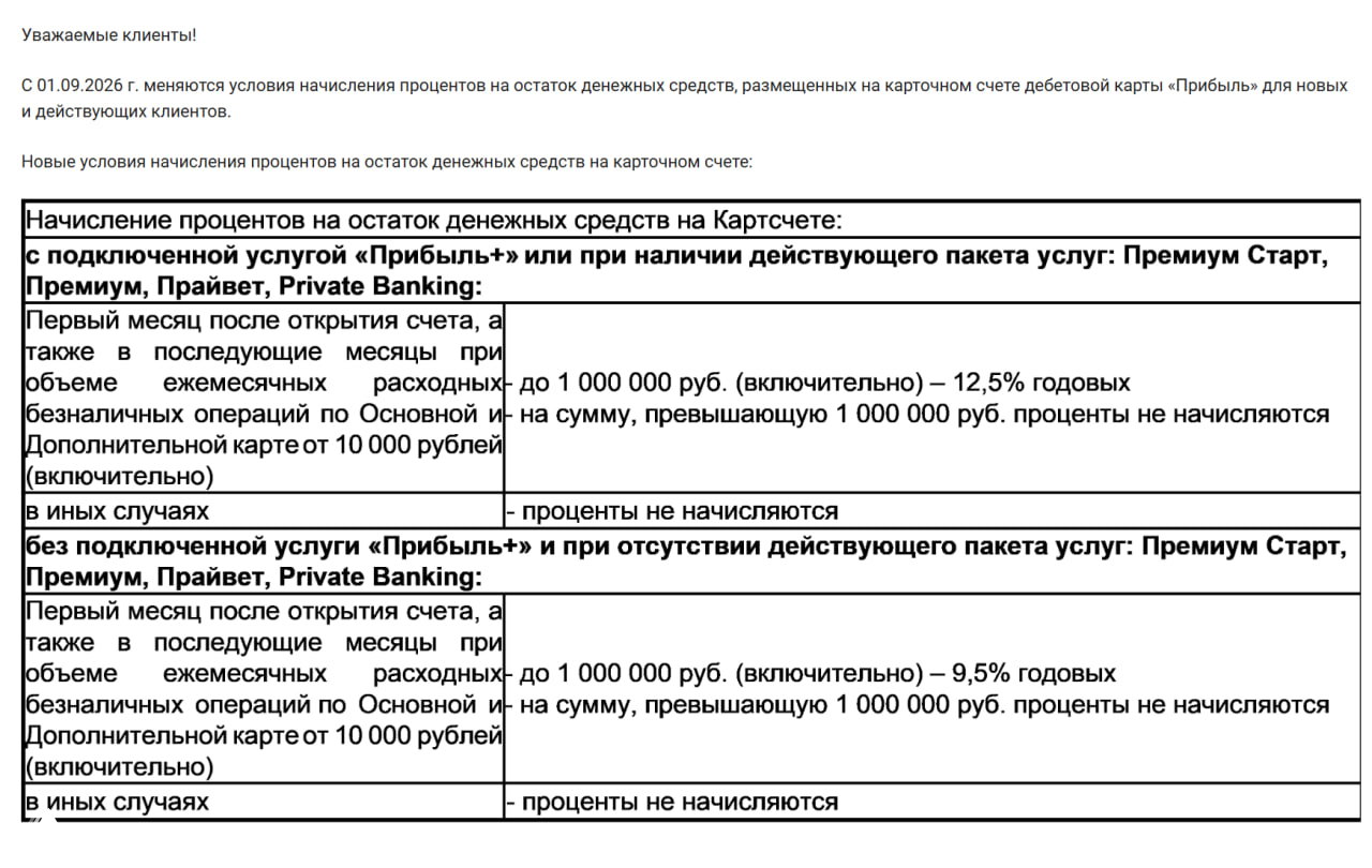 Скриншот официального объявления Уралсиб: таблица с изменениями ставок и условиями начисления процентов по карте «Прибыль».