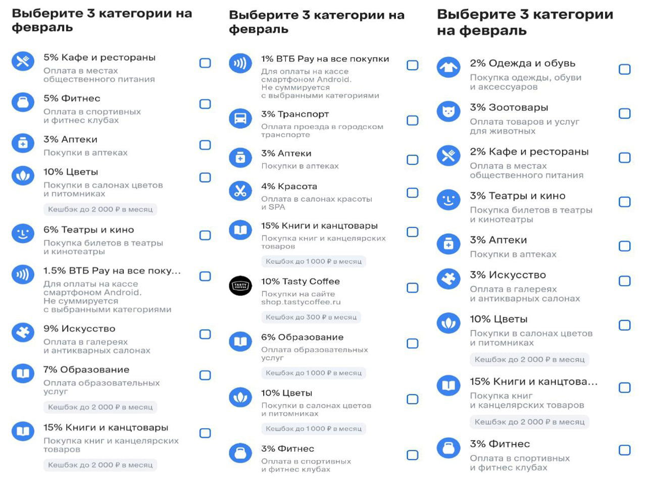 ВТБ — выбор категорий на февраль