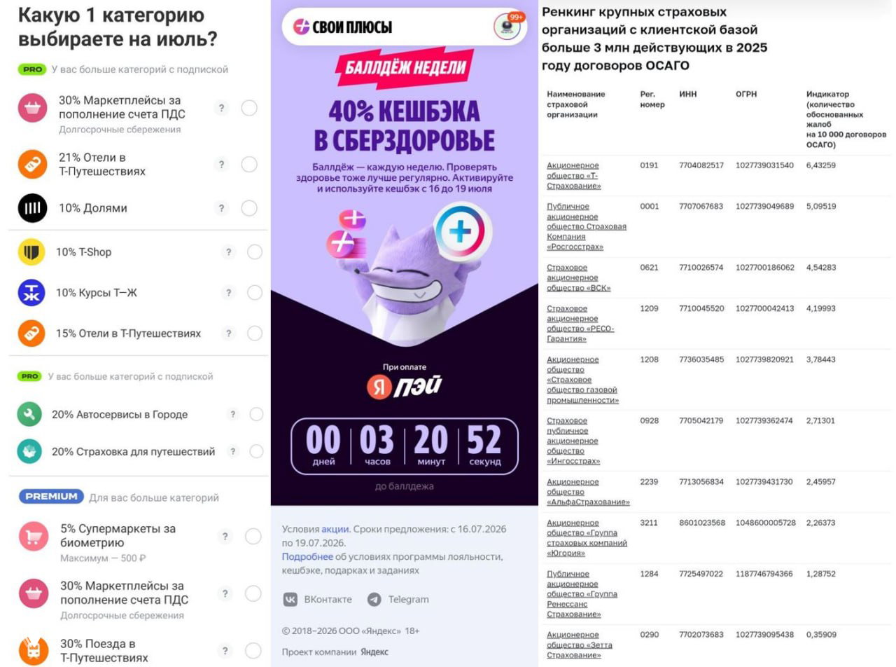 Коллаж: опрос выбора категории ТБанк, баннер 40% кэшбэка в СберЗдоровье от Яндекса и таблица рэнкинга страховщиков ЦБ.