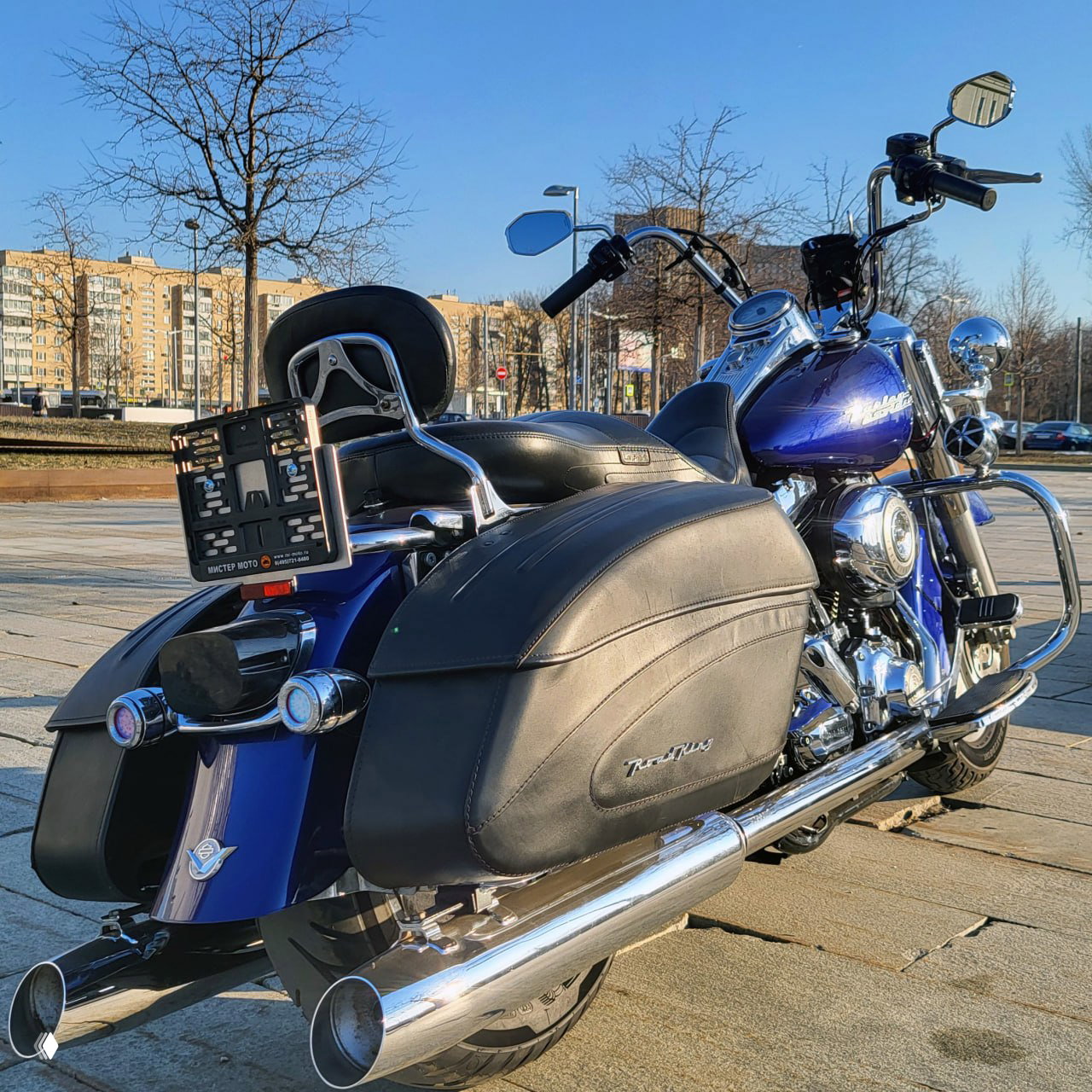 Задний угол мотоцикла: большие кожаные кофры, сдвоенная выхлопная труба и высокий пассажирский спинка на фоне городской застройки и деревьев.