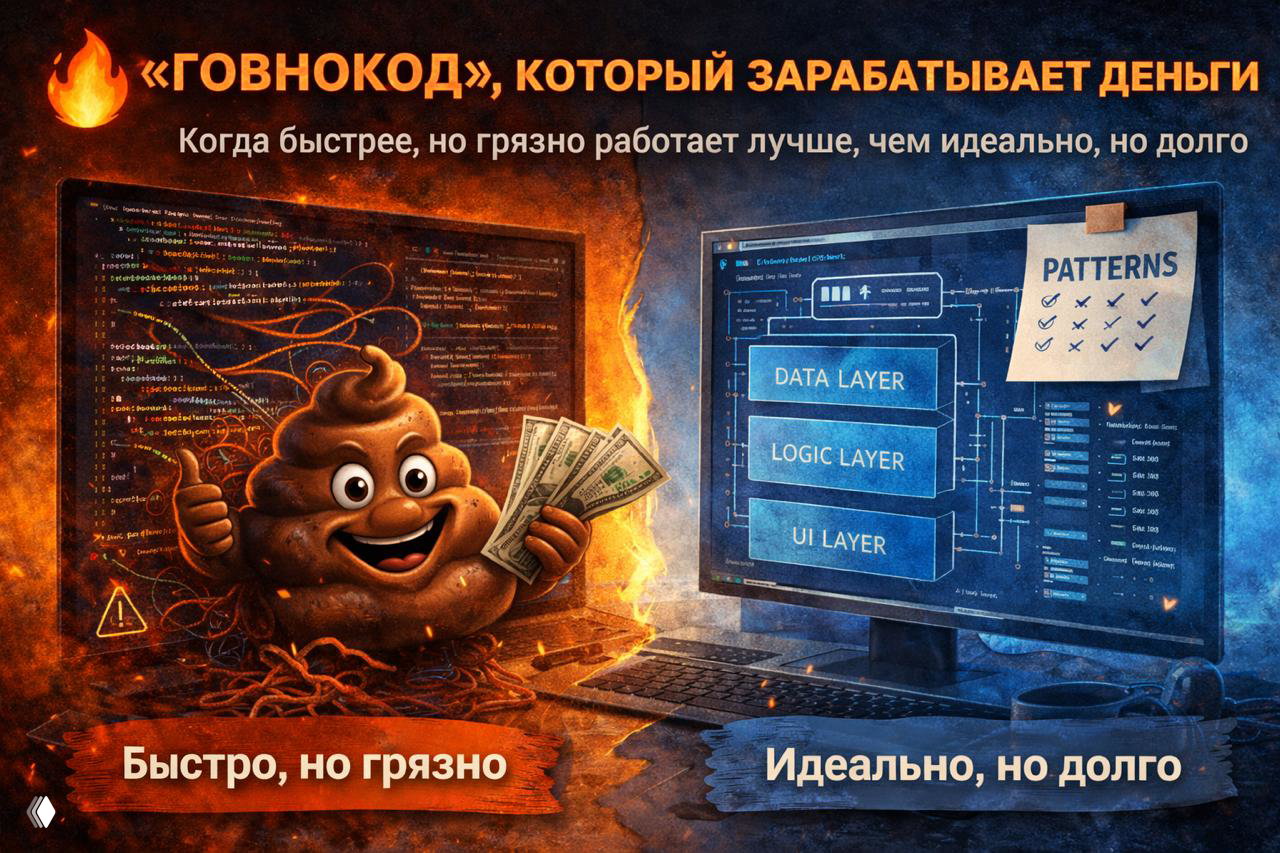 Иллюстрация контраста: карикатурный «грязный» код с улыбающимся символом и деньгами слева и идеальная архитектура с уровнями Data/Logic/UI справа, метафора компромисса скорости и качества.