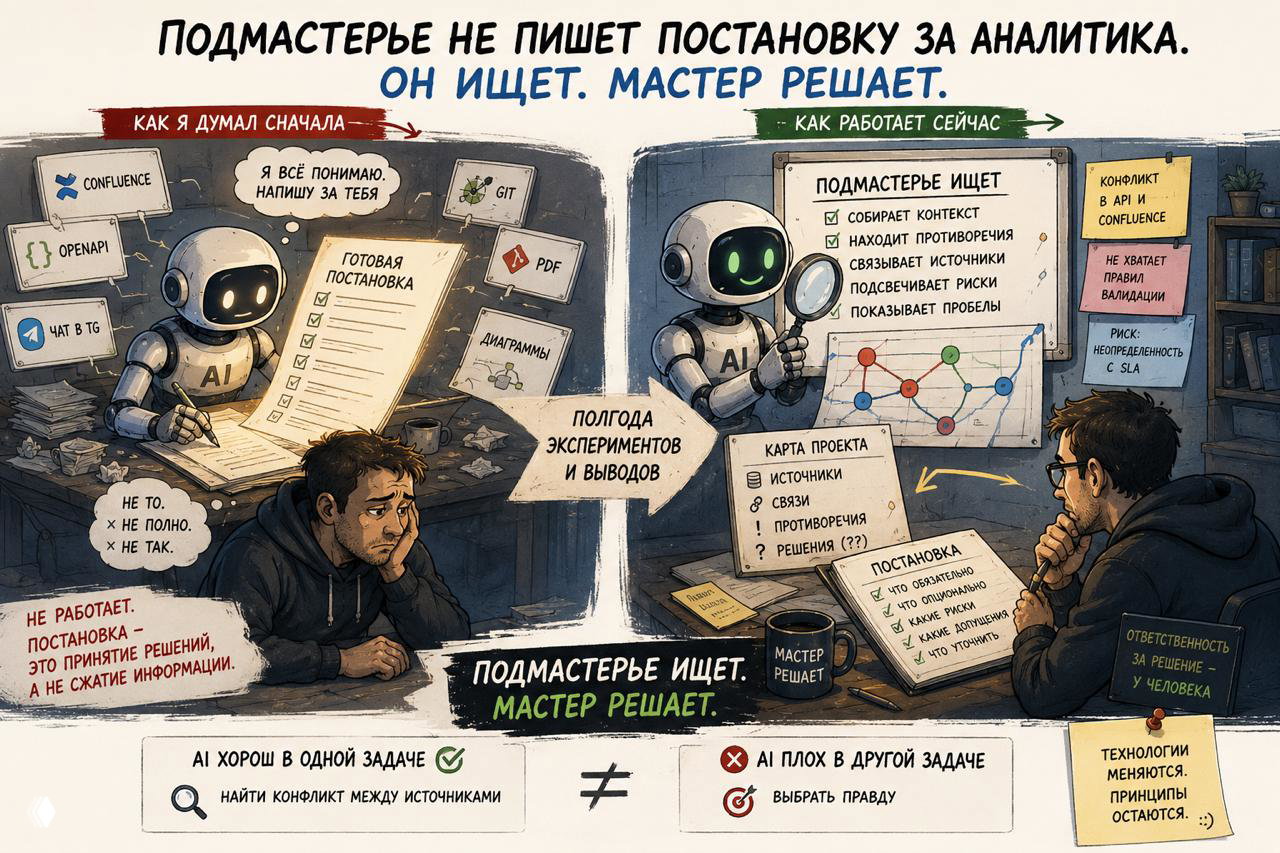 Иллюстрация: две панели — робот сначала пытается написать готовую постановку, затем собирает контекст и подсвечивает пробелы; аналитик обдумывает и принимает решение.
