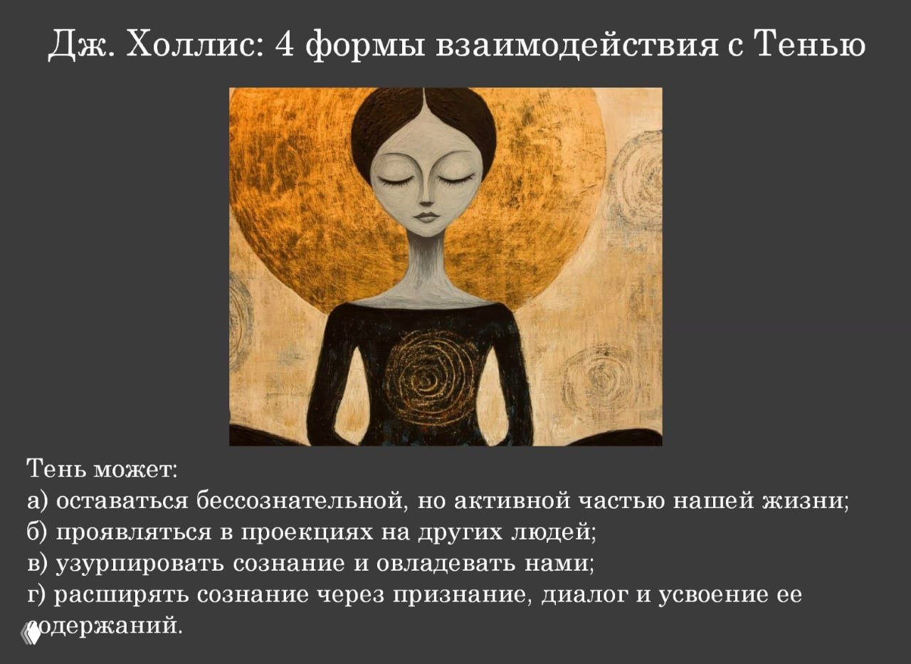 Стилизованная медитирующая фигура с закрытыми глазами на фоне золотого ореола; символ внутренней работы, тени и интеграции.