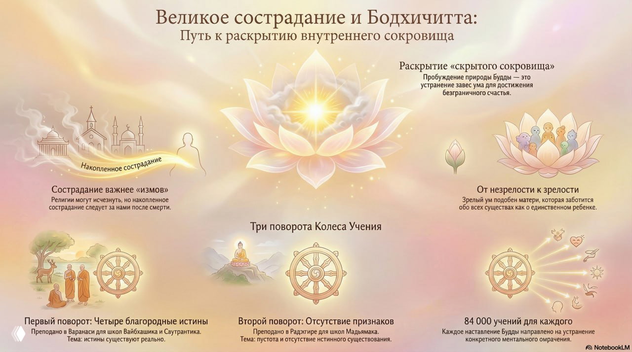 Инфографика с лотосом, колесом учения и иллюстрациями стадий сострадания и бодхичитты в мягкой пастельной палитре.