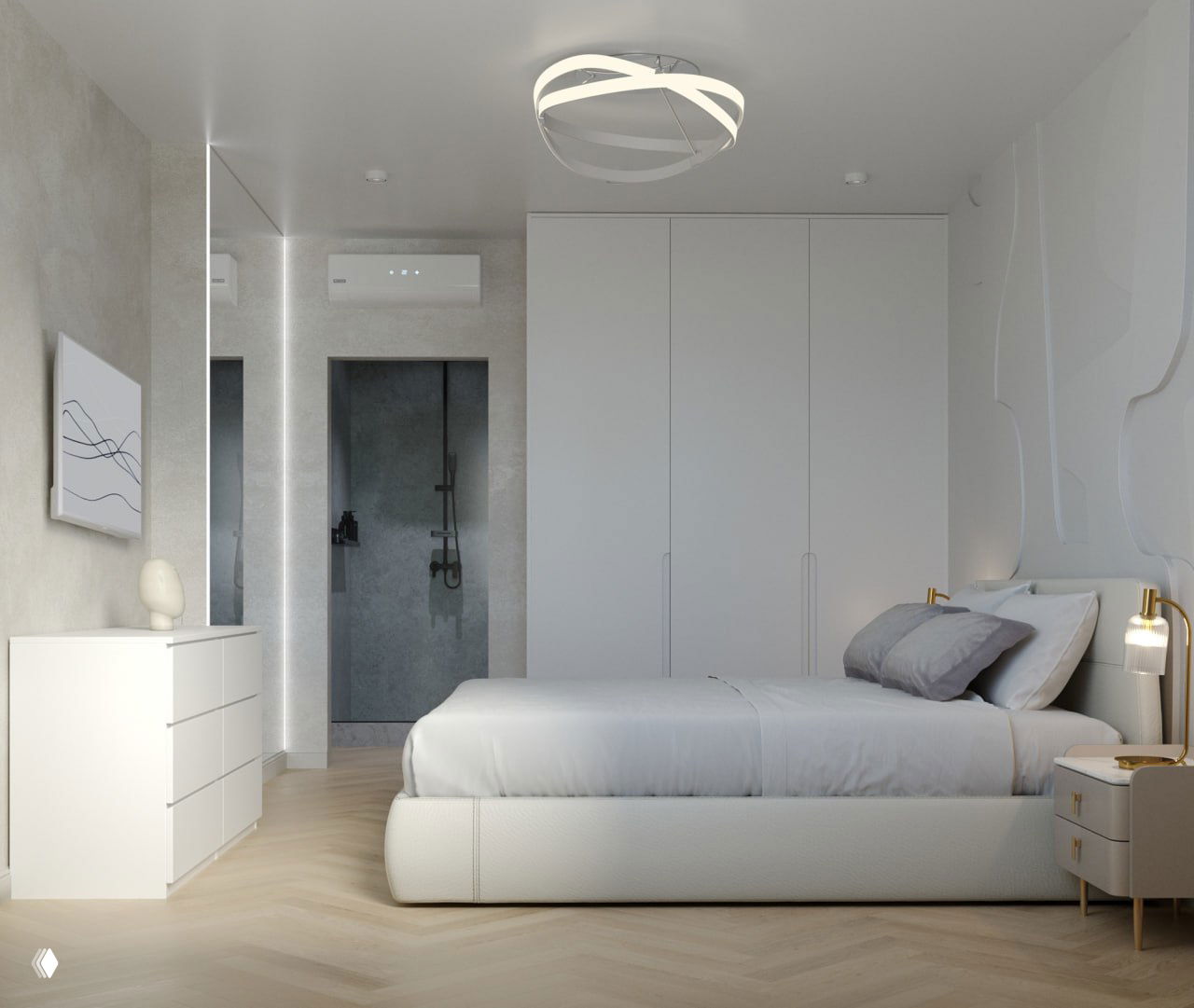 Минималистичная светлая спальня, изголовье кровати и вид через стеклянную дверь на душевую зону — пример интеграции ванной в жилое пространство.