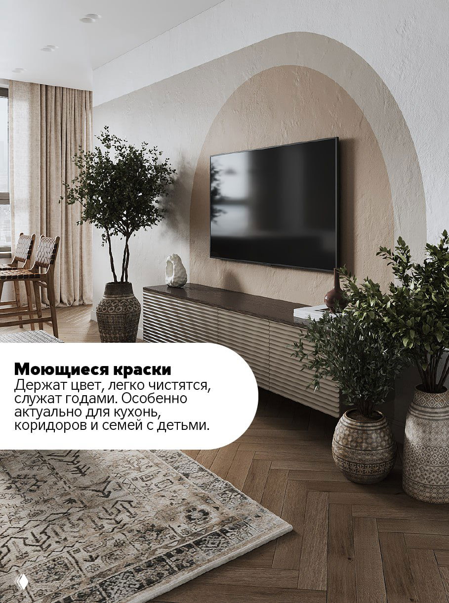 Гостиная с телевизором на стене и декором — пример использования моющихся красок, сохраняющих цвет и легко очищающихся годами.