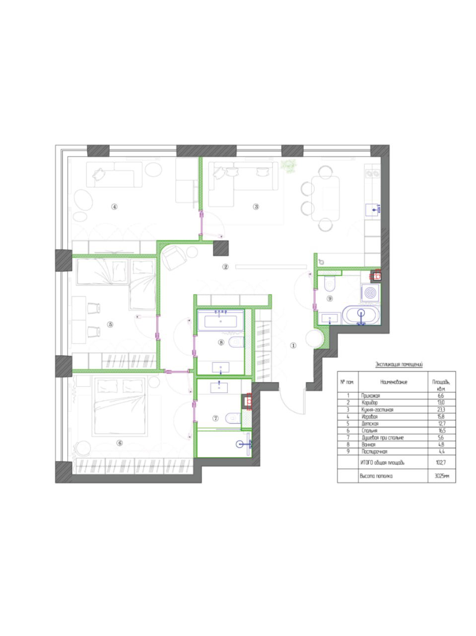 План квартиры площадью 106 м² в ЖК Форум Сити с разбивкой комнат, размерами и экспликацией помещений; видна несущая колонна и мокрые зоны.