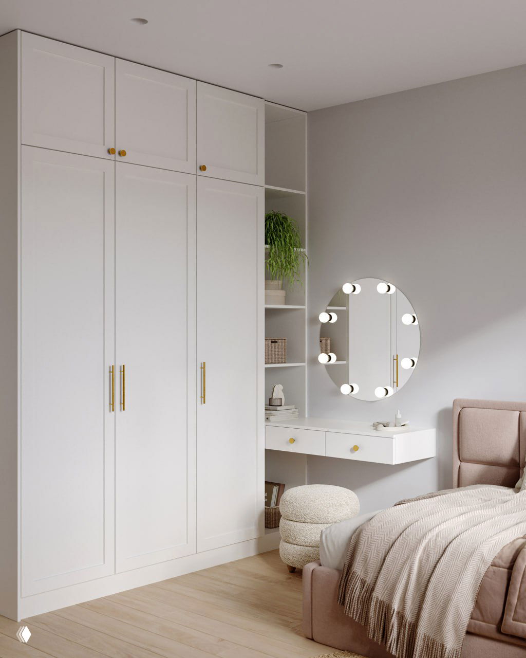 Угол детской с вместительным белым шкафом, трюмо со подсветкой и открытыми полками: аккуратная организация и мягкая цветовая гамма.
