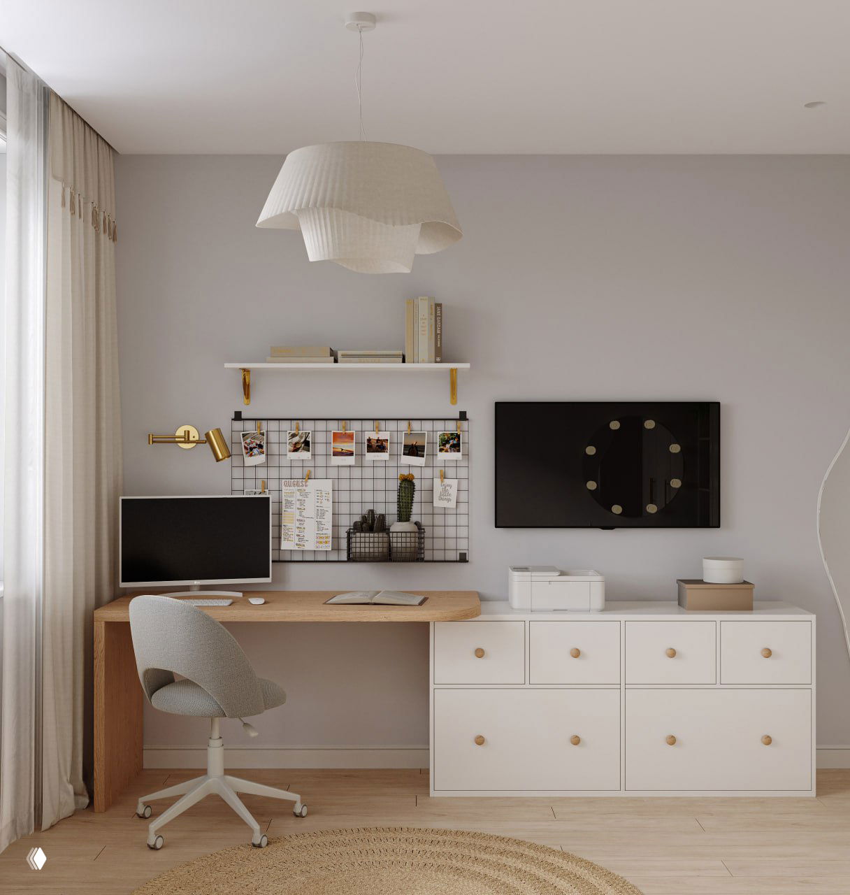 Рабочая зона в детской: деревянный стол, серое кресло на колесах, система хранения и телевизор на нейтральном фоне с мягким освещением.