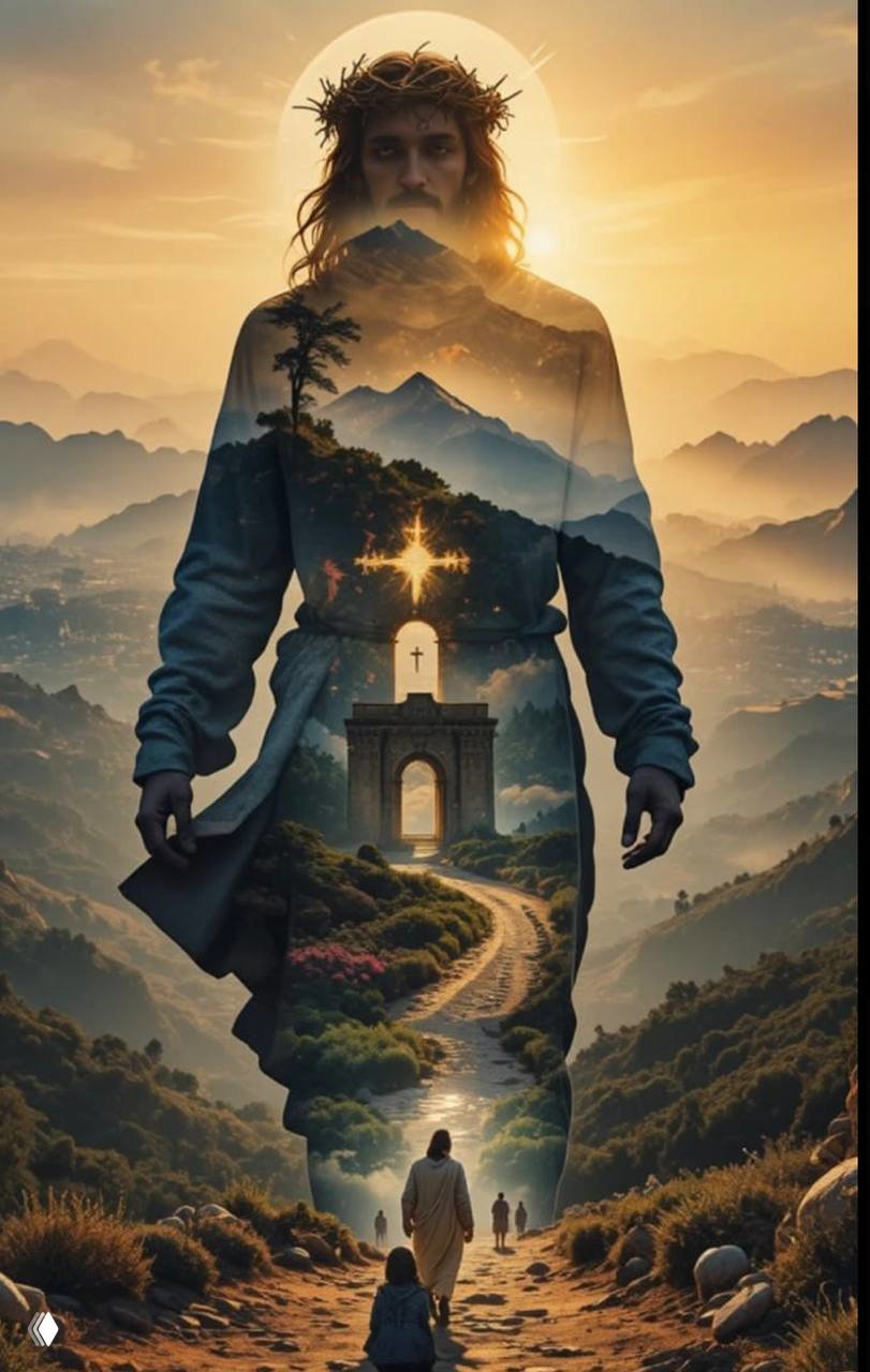 Фигура Иисуса в короне терний на фоне двойной экспозиции гор, с крестом и дорогой к арке — визуальная метафора страсти, пути и воскресения.